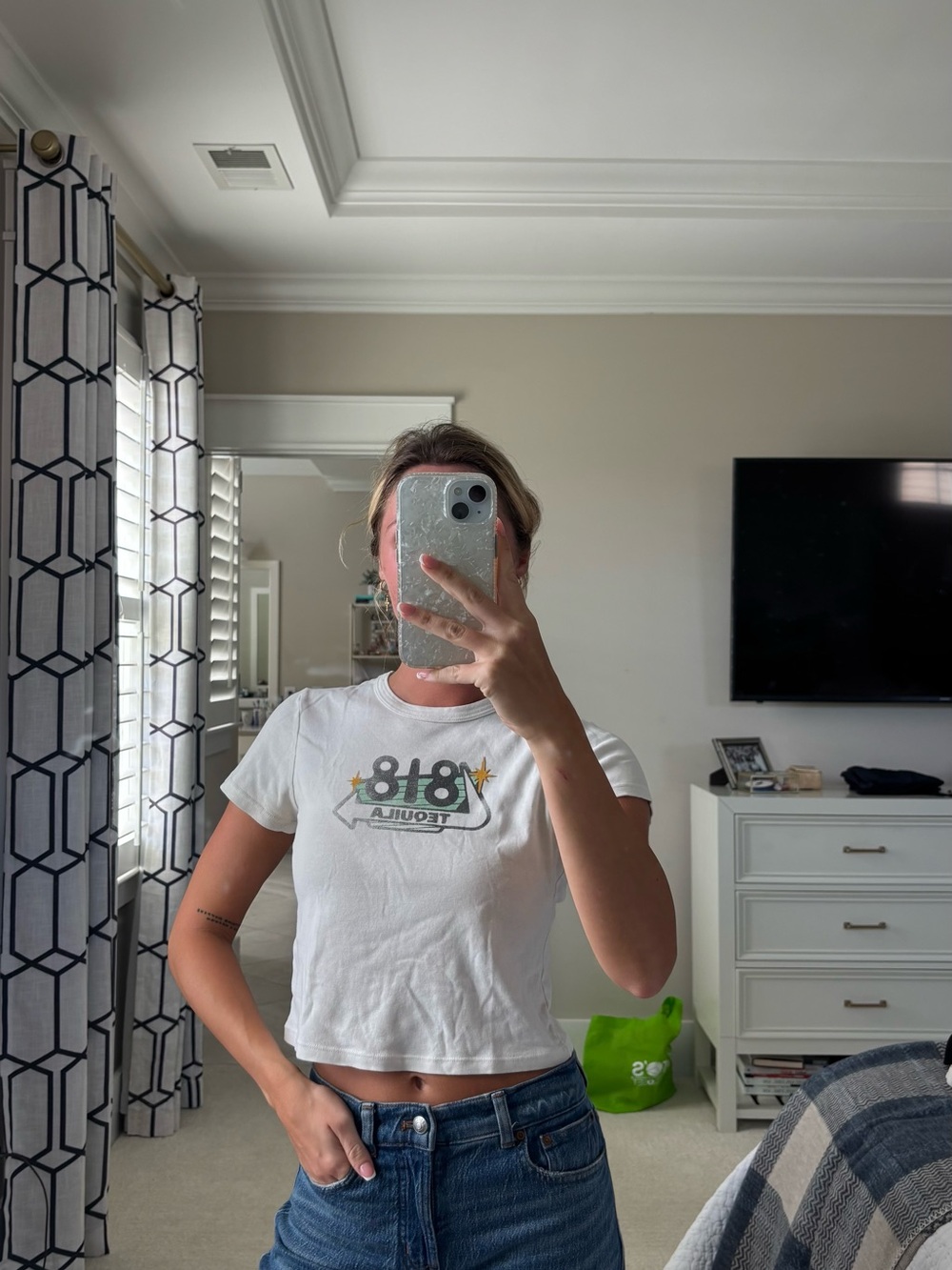 Cherry LA White Graphic Crop Tee with Green & Yellow Accents